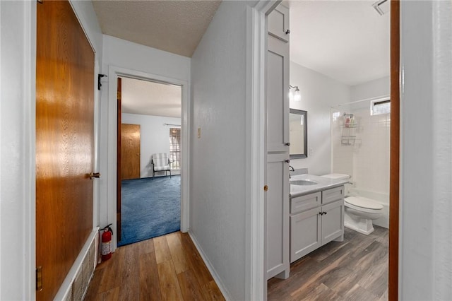 hallway featuring plenty of natural light, dark hardwood / wood-style flooring, a textured ceiling, and sink