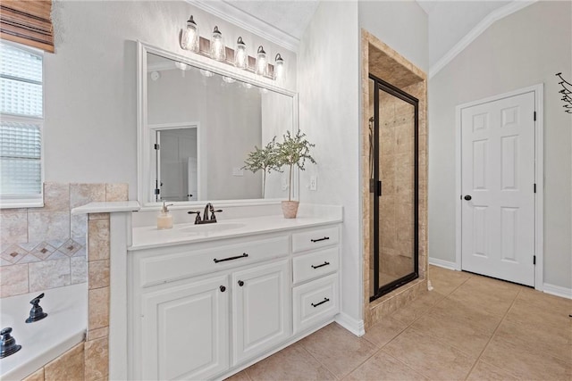 bathroom featuring crown molding, vanity, independent shower and bath, and tile patterned flooring