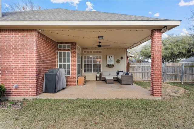 view of patio / terrace with area for grilling, an outdoor hangout area, and ceiling fan