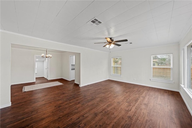 unfurnished living room featuring crown molding, dark hardwood / wood-style floors, and ceiling fan with notable chandelier