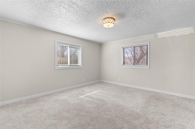 carpeted spare room featuring a wealth of natural light, ornamental molding, and a textured ceiling