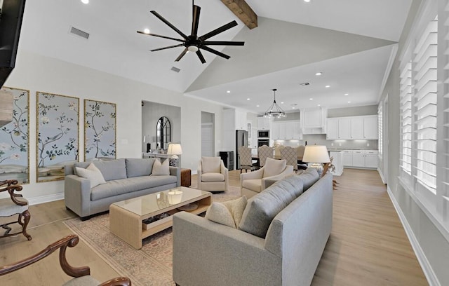 living area featuring baseboards, visible vents, high vaulted ceiling, beam ceiling, and light wood-type flooring