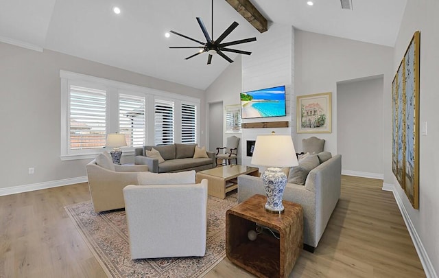 living room with baseboards, high vaulted ceiling, beam ceiling, light wood-style flooring, and recessed lighting