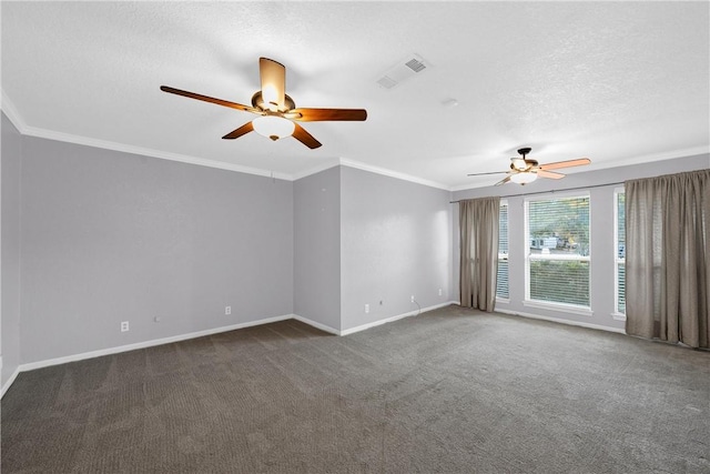 carpeted spare room featuring a textured ceiling, ceiling fan, and crown molding