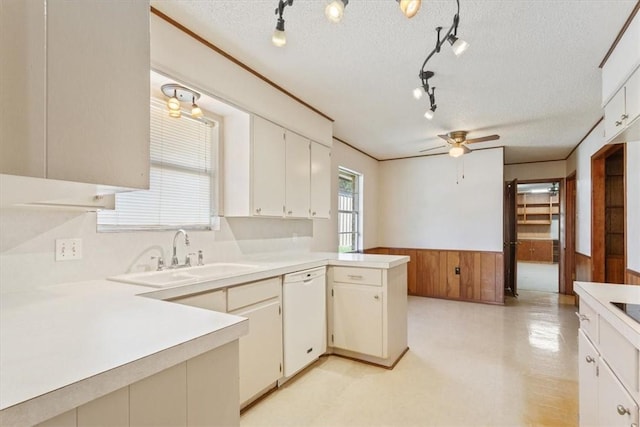 kitchen with ceiling fan, sink, white dishwasher, and a textured ceiling