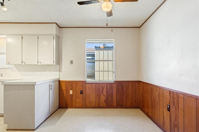 kitchen with wood walls, white cabinets, a textured ceiling, and ornamental molding