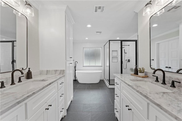 bathroom featuring tile patterned floors, plus walk in shower, vanity, and ornamental molding