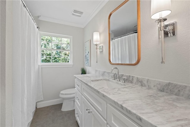 bathroom with tile patterned floors, toilet, vanity, and ornamental molding