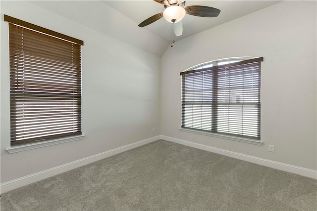 spare room featuring carpet, plenty of natural light, and lofted ceiling