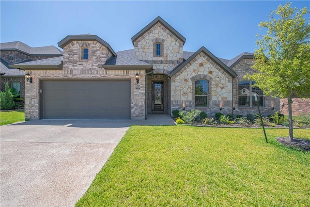 french country home featuring a front yard and a garage