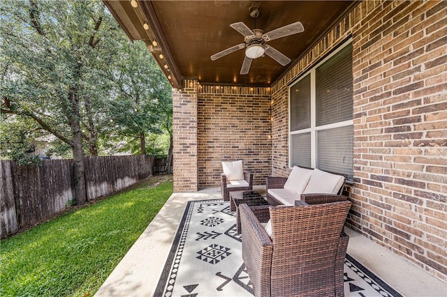 view of patio with ceiling fan and an outdoor hangout area