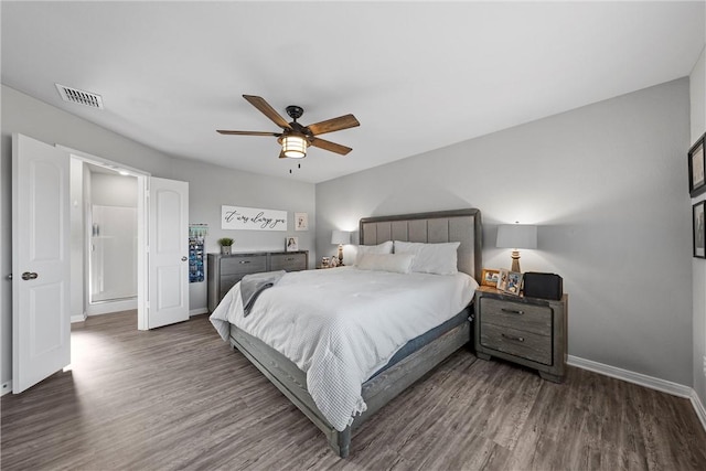 bedroom featuring ceiling fan and dark wood-type flooring