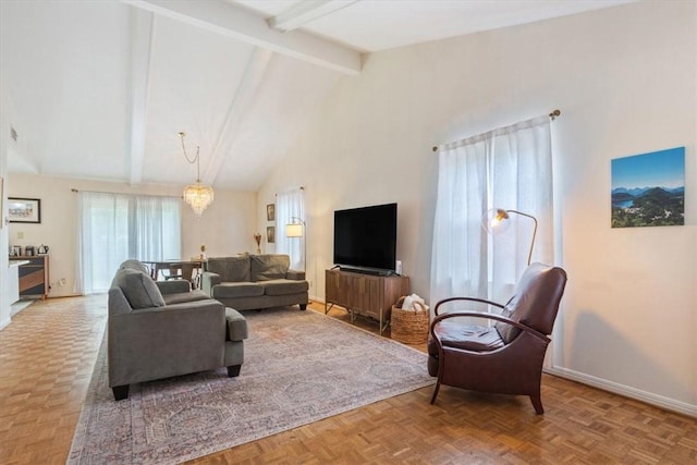 living room featuring beamed ceiling, an inviting chandelier, high vaulted ceiling, and light parquet floors