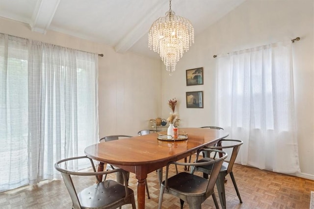 dining space featuring parquet floors, lofted ceiling with beams, and a notable chandelier