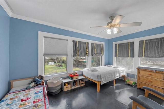 bedroom featuring ceiling fan, concrete flooring, and ornamental molding