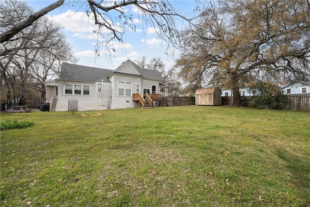 view of yard featuring an outdoor structure, a fenced backyard, and a shed