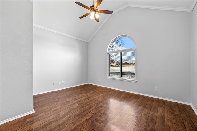 unfurnished room with ceiling fan, dark wood-type flooring, lofted ceiling, and ornamental molding