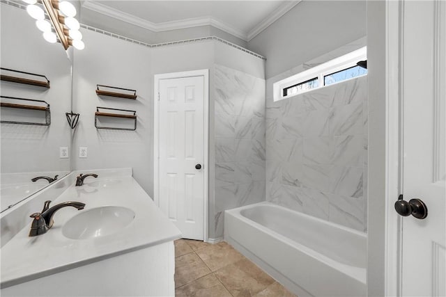 bathroom featuring tile patterned floors, vanity, crown molding, and shower / tub combination