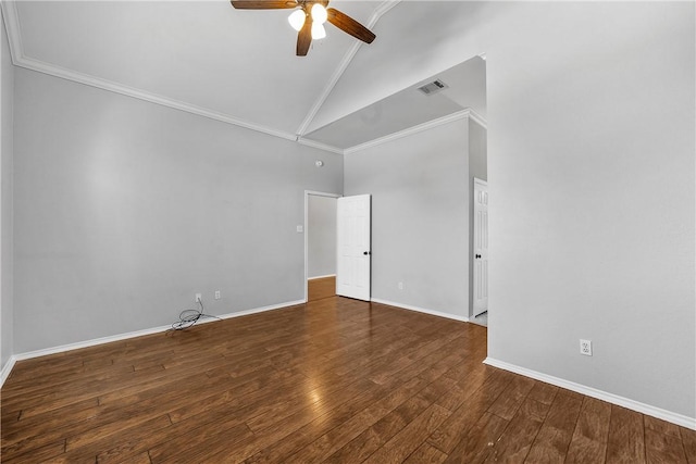 unfurnished room with dark hardwood / wood-style flooring, high vaulted ceiling, ceiling fan, and ornamental molding