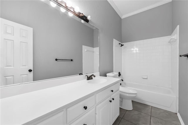 full bathroom featuring tile patterned floors, crown molding, toilet, vanity, and shower / bathtub combination