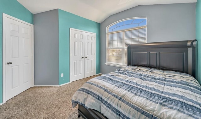 carpeted bedroom featuring a closet and lofted ceiling