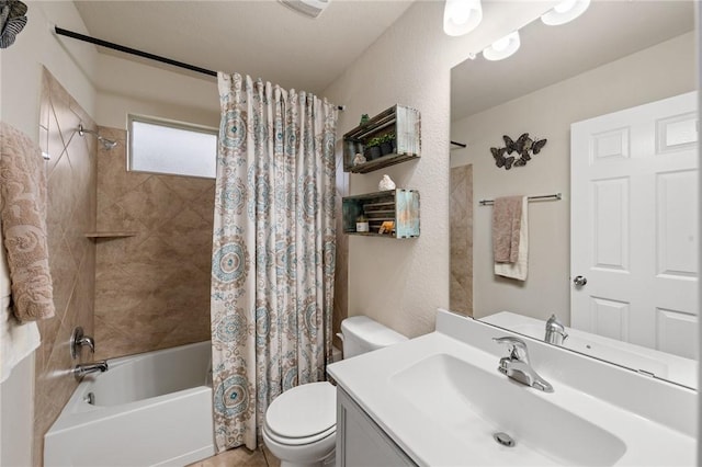 full bathroom featuring toilet, vanity, and shower / bath combo with shower curtain