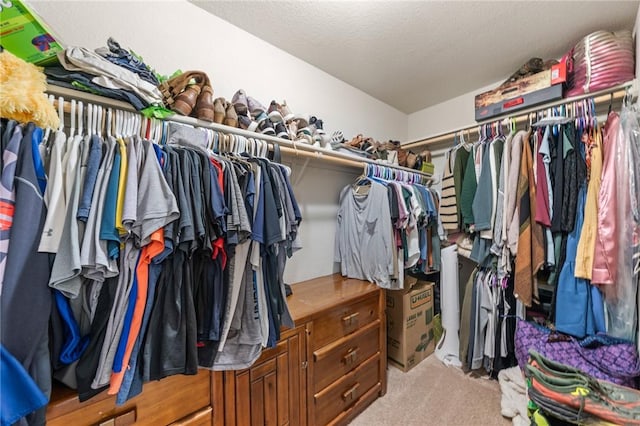 walk in closet with light carpet