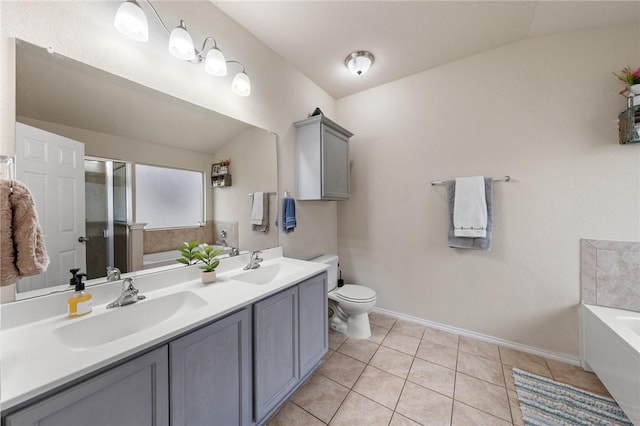 full bathroom featuring toilet, independent shower and bath, tile patterned flooring, vaulted ceiling, and vanity