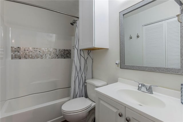 full bathroom with vanity, toilet, and shower / bathtub combination with curtain