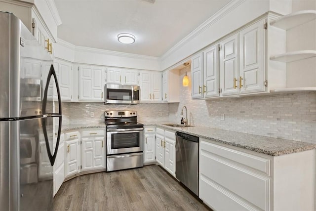 kitchen featuring sink, light stone countertops, appliances with stainless steel finishes, white cabinetry, and wood-type flooring