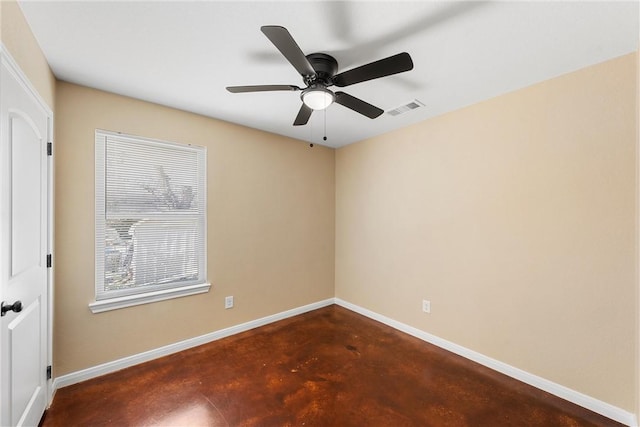 empty room featuring ceiling fan, visible vents, baseboards, and finished concrete floors