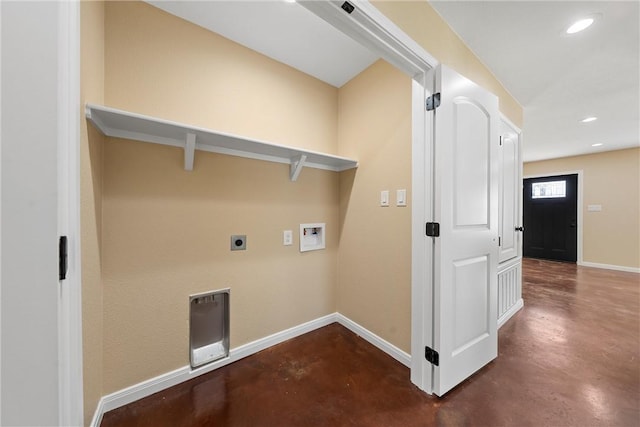 laundry room with hookup for a washing machine, baseboards, laundry area, recessed lighting, and electric dryer hookup