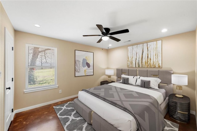 bedroom with visible vents, recessed lighting, concrete floors, baseboards, and ceiling fan