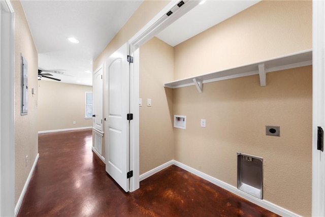 laundry area with a ceiling fan, baseboards, hookup for an electric dryer, hookup for a washing machine, and laundry area