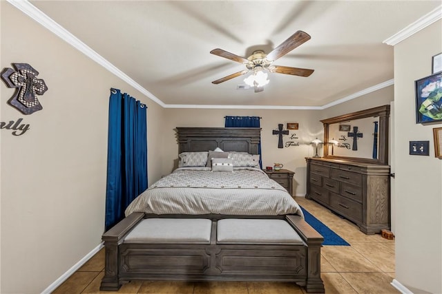 bedroom featuring ceiling fan, crown molding, and light tile patterned floors