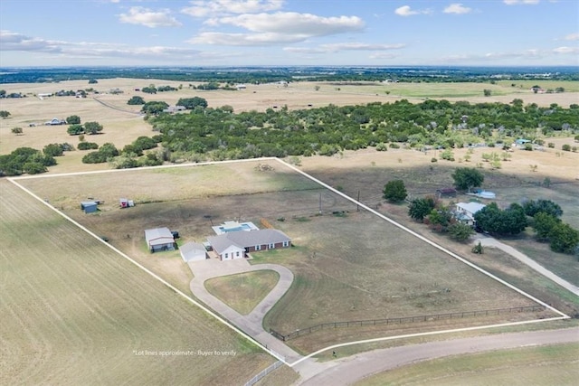 birds eye view of property featuring a rural view