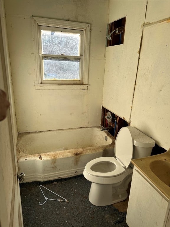 bathroom with vanity, toilet, and a tub to relax in