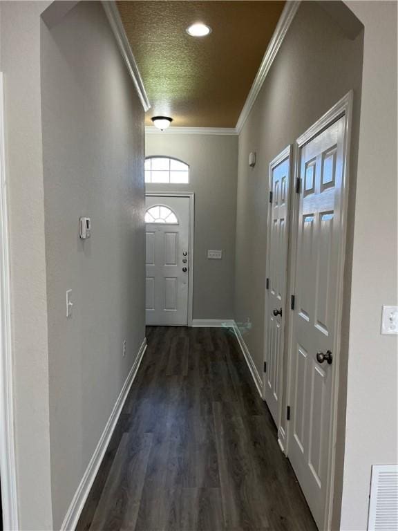 doorway featuring dark hardwood / wood-style floors, crown molding, and a textured ceiling