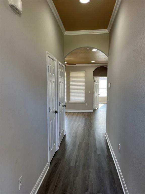 hall with dark wood-type flooring and ornamental molding