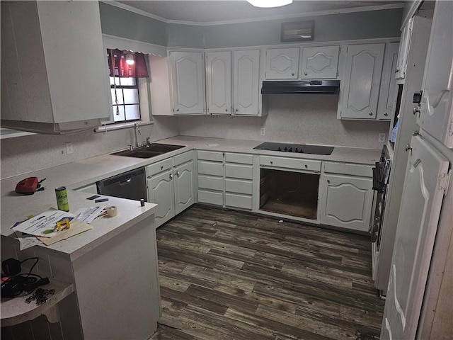 kitchen featuring kitchen peninsula, white cabinetry, sink, and black appliances