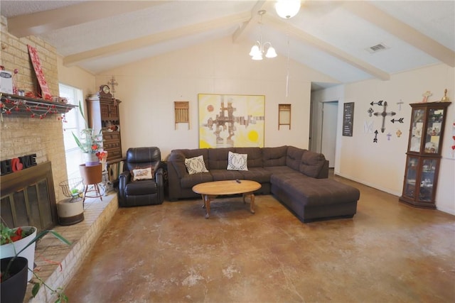 living area featuring lofted ceiling with beams, a fireplace, visible vents, and a notable chandelier