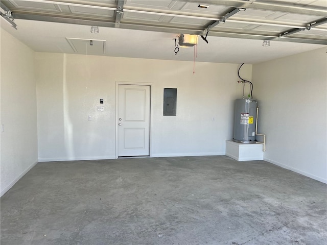 garage with water heater, a garage door opener, and electric panel