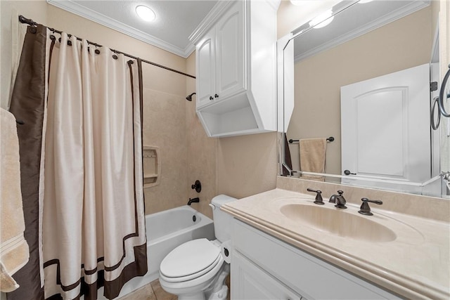 full bathroom with toilet, shower / bath combination with curtain, tile patterned floors, ornamental molding, and vanity