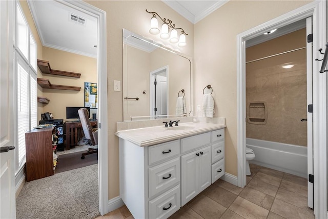 full bathroom with toilet, shower / washtub combination, vanity, and ornamental molding