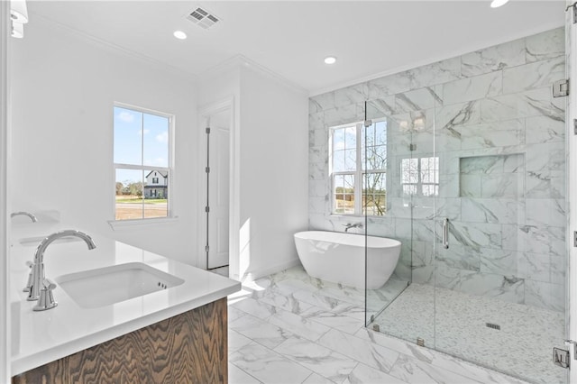 bathroom featuring ornamental molding, vanity, and independent shower and bath