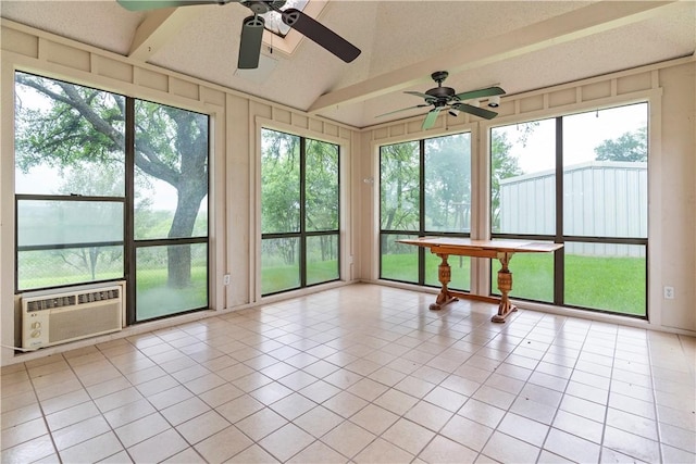 unfurnished sunroom with ceiling fan and a healthy amount of sunlight