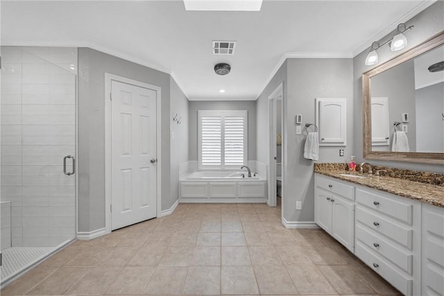 bathroom featuring tile patterned flooring, crown molding, shower with separate bathtub, and vanity