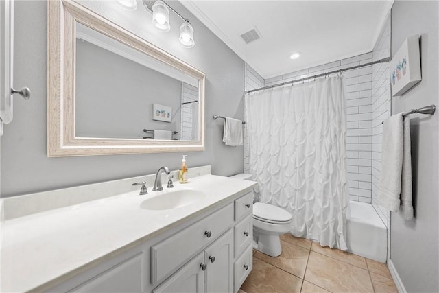 full bathroom featuring tile patterned flooring, vanity, shower / bath combination with curtain, and toilet