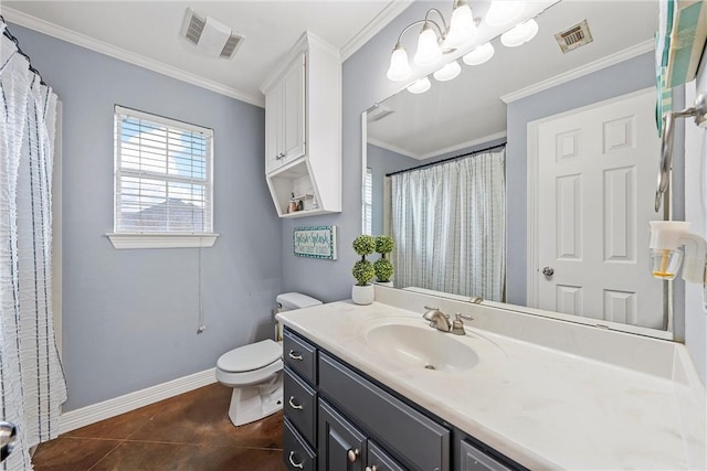 bathroom with tile patterned floors, vanity, crown molding, a notable chandelier, and toilet