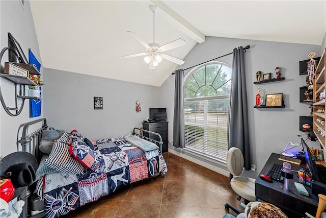 bedroom featuring vaulted ceiling with beams, dark tile patterned floors, multiple windows, and ceiling fan